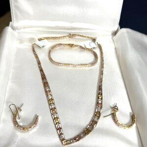 Riccio mesh chevron tri-color sterling silver necklace, bracelet, earring set ne